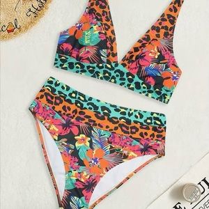 Size medium brand new animal floral print high waste bikini tropical